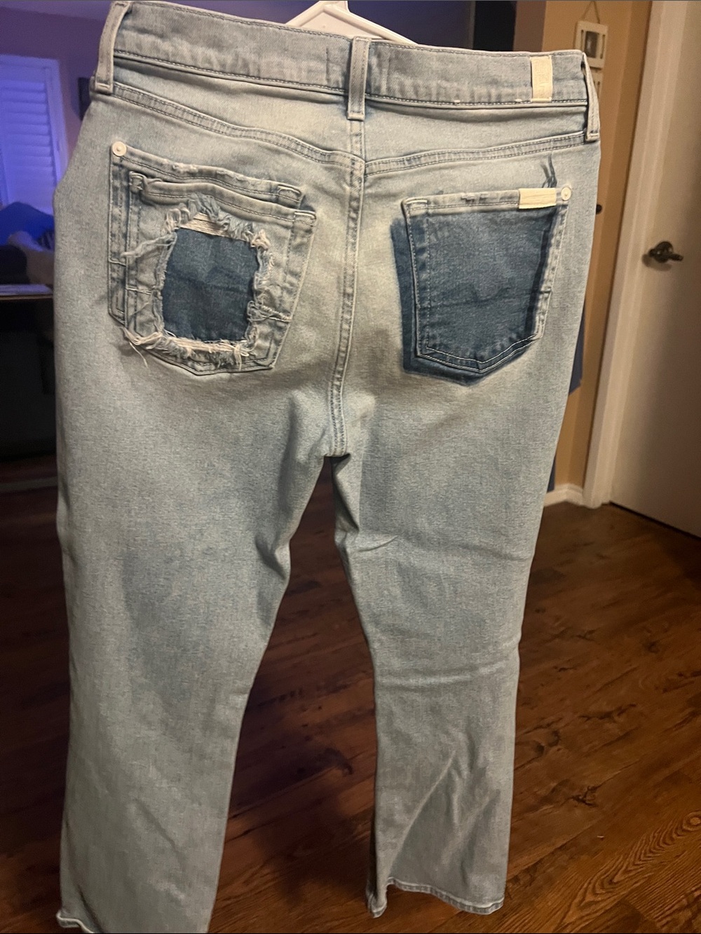 7 For All Mankind Size 28 Distressed Light Wash Patchwork Jeans